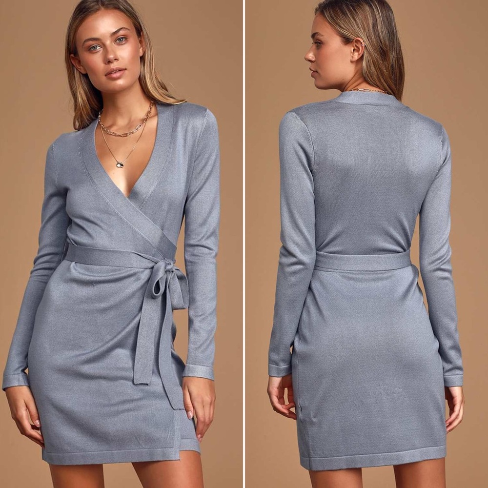 NWT | Lulus | Literary Lover Slate Blue Wrap Sweater Dress | Sz XS